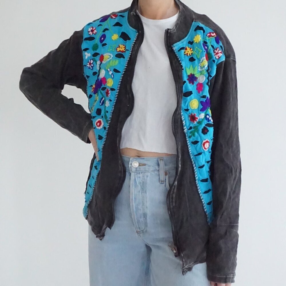 Vintage Rising International Blue Floral Embroidered Zip Front Art Jacket XL